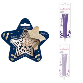 Kit De Galletas Estrella En Relieve + 2 Bolígrafos De Chocolate Morado