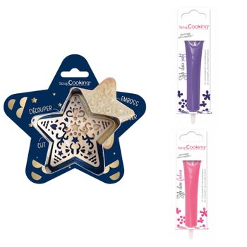 Kit De Galletas Estrella Relief + 2 Bolígrafos De Chocolate Púrpura Y