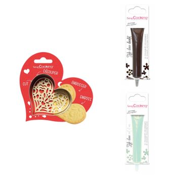 Kit De Galletas Corazón En Relieve + 2 Bolígrafos De Chocolate Marrón