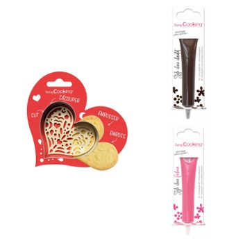 Kit De Galletas Corazón Relief + 2 Bolígrafos De Chocolate Marrón Y Fu