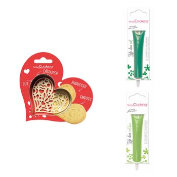 Kit De Galletas Corazón En Relieve + 2 Bolígrafos De Chocolate Verde Y