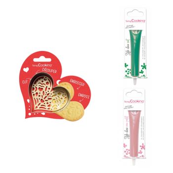 Kit De Galletas Corazón En Relieve + 2 Bolígrafos De Chocolate Verde Y