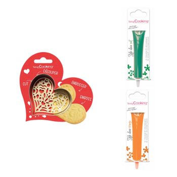 Kit De Galletas Corazón En Relieve + 2 Bolígrafos De Chocolate Verde Y