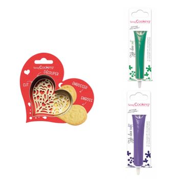 Kit De Galletas Corazón En Relieve + 2 Bolígrafos De Chocolate Verde Y