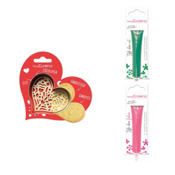 Kit De Galletas Corazón En Relieve + 2 Bolígrafos De Chocolate Verde Y