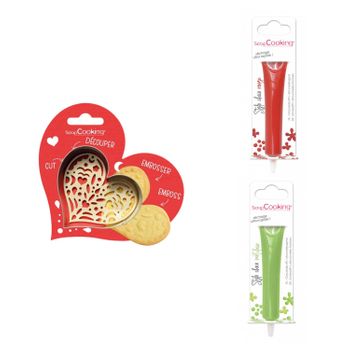 Kit De Galletas Corazón En Relieve + 2 Bolígrafos De Chocolate Rojo Y