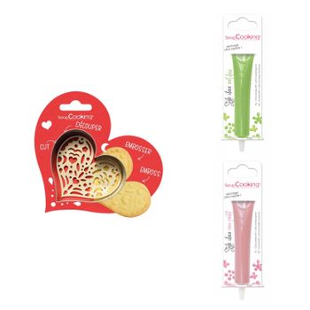 Kit De Galletas Corazón En Relieve + 2 Bolígrafos De Chocolate Verde Y