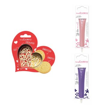 Kit De Galletas Corazón En Relieve + 2 Bolígrafos De Chocolate Rosa Pa