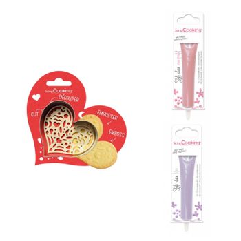 Kit De Galletas Corazón En Relieve + 2 Bolígrafos De Chocolate Rosa Pa
