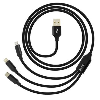 Cable Multipuerto Negro De Moxie 3 En 1: Lightning, Usb Tipo C Y Micro Usb 3 A