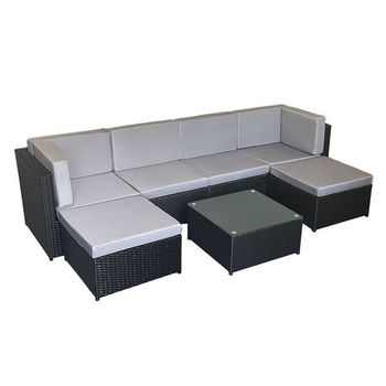 Conjunto De Muebles De Jardín Bonifacio De Resina Tejida Negra, Con Capacidad Para 6 Personas - Cojín Gris