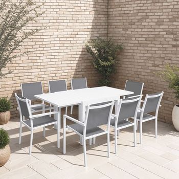 Conjunto De Jardín Extensible Venezia 90/180 En Textileno Gris 8 Plazas - Aluminio Blanco