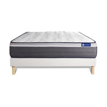 Somier + Colchón Muelles Ensacados Y Espuma Viscoelástica Con Kit De Base De Cama Blanco 160x195cm - Comodidad Muy Firme