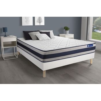 Somier + Colchón Muelles Ensacados Y Espuma Viscoelástica Con Kit De Base De Cama Blanco 120x220cm - Comodidad Firme