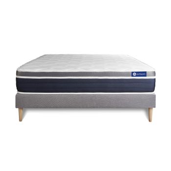 Somier + Colchón Muelles Ensacados Y Espuma Viscoelástica Con Kit De Base De Cama Gris 180x220cm - Comodidad Moderadamente Firme