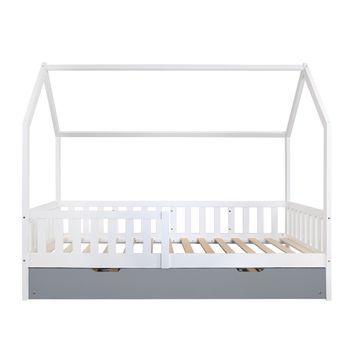 Oneiroi - Juego De Cama Infantil De Hogar Con Cabecero Y Contorno Y Cajón Con Ruedas - Cama Blanca Y Cajón Gris - Madera De Pino - Cama Infantil Anticaídas