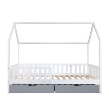 Oneiroi - Juego De Cama Infantil Con Cabecero Y Borde Blanco Y Cajones De Almacenamiento - Cama Blanca Y Cajones Grises - Madera De Pino - Cama Infantil Anticaídas