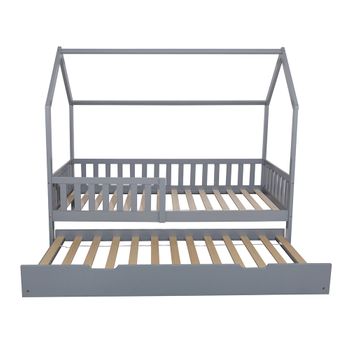 Oneiroi - Juego De Cama Infantil Con Cabecero Y Marco De Madera Y Cajón Con Ruedas - Cama Y Cajón Gris - Madera De Pino - Cama Infantil Anticaídas