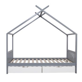 Oneiroi - Juego De Cama Infantil Tipo Cabina Con Cabecero Y Somier - Cajones De Almacenamiento - Cama Gris Y Cajones Blancos - Madera De Pino