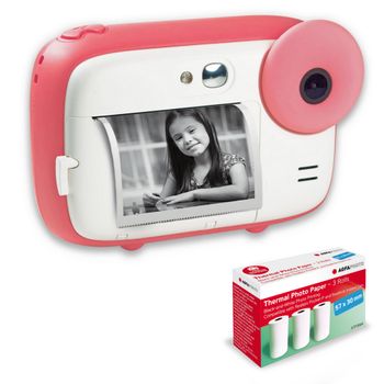 Agfa Photo Pack Realikids Instant Cam + 3 Rollos Extra Papel Térmico Atp3wh - Cámara Instantánea Para Niños, Pantalla Lcd De 2,4', Batería De Litio, Espejo Selfie Y Filtro Fotográfico - Rosa