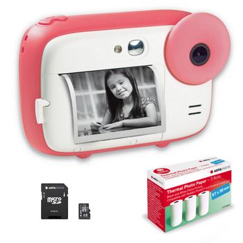 Agfa Photo Pack Realikids Instant Cam + 1 Tarjeta Micro Sd 32gb + 3 Rollos Papel Térmico Atp3wh - Cámara Instantánea Para Niños, Pantalla Lcd 2.4', Espejo Selfie Y Filtro Fotográfico - Rosa