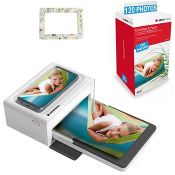 Agfa Photo Pack Impresora Realipix Moments + 120 Cartuchos Fotográficos Y Papel + Bonito Marco Magnético - Bluetooth Photo Print 10x15 Cm, Ios Y Android, 4pass Sublimación Térmica - Blanco