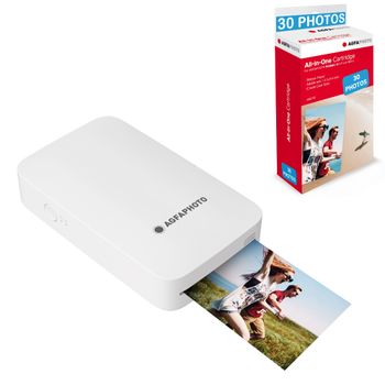 Agfa Photo - Paquete: Impresora Realipix Mini P + 30 Papeles Fotográficos - Impresora Fotográfica Bluetooth De 5,3 X 8,6 Cm - Sublimación Térmica De 4 Pasadas - Blanco