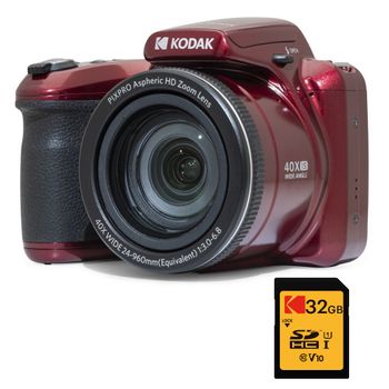 Kodak Pack Bridge Digital Pixpro Astro Zoom Az405 + Tarjeta Kodak Ultra High Speed U1 32gb Sdhc - Cámara De 20 Megapíxeles, Zoom X40, Gran Angular, Lcd, Vídeo Full Hd 1080p, Ois, Pila Aa - Rojo