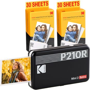 Mini Pack Impresora Kodak P210 Retro 2 + Cartucho Y Papel Para 60 Fotos - Impresora Conectada Por Bluetooth - Fotos Formato 5,3 X 8,6 Cm - Batería De Litio - Sublimación Térmica 4pass