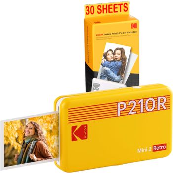 Mini Pack Impresora Kodak P210 Retro 2 + Cartucho Y Papel Para 30 Fotos - Impresora Conectada Por Bluetooth - Fotos Formato 5,3 X 8,6 Cm - Batería De Litio - Sublimación Térmica 4pass