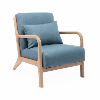 Sillón De Diseño Azul De Madera Y Tela Con Patas De Compás