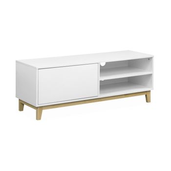 Mueble De Tv Con Patas De Madera Y 1 Cajón, 120cm, Blanco