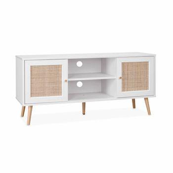 Mueble De Tv De Caña Trenzada, 120cm, Blanco