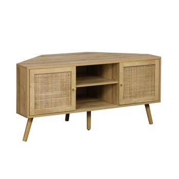 Mueble Tv Esquinero, Madera Y Caña, 2 Puertas, 1 Estante, 115cm,