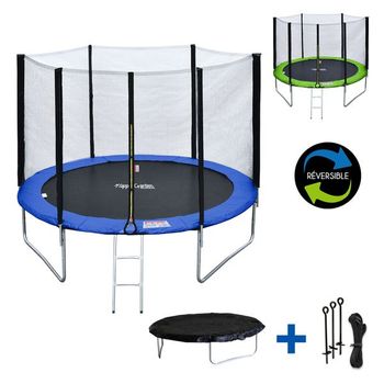 Cama Elástica De 305cm Reversible Azul/verde, Pack Trampolín Adelaïde + Red De Seguridad + Escalera + Lona + Kit De Anclaje.