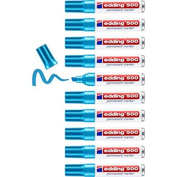 Edding 500 Marcador Permanente - Azul Claro - 10 Rotuladores - Punta Biselada 2-7â mm - Resistente Al Agua, De Secado Rapido, Rotuladores Indelebles - Para Carton, Plastico, Madera, Metal, Vidrio