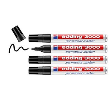 Edding 3000 Marcador Permanente - Negro - 4 Rotuladores - Punta Redonda 1,5-3 Mm - Indeleble De Secado Rapido - Resistente Al Agua Y A Los Borrones - Carton, Plastico, Madera, Metal, Tela - Universal