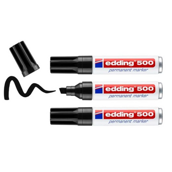 Edding 500 Marcador Permanente - Negro - 3 Rotuladores - Punta Biselada 2-7â mm - Resistente Al Agua, De Secado Rapido, Rotuladores Indelebles - Para Carton, Plastico, Madera, Metal, Vidrio