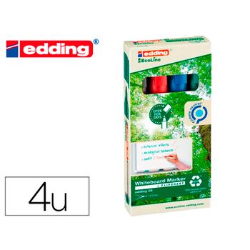 Rotulador Edding 28 Para Pizarra Blanca Ecoline 90% Reciclado Bolsa 4 Colores Surtidos Punta Redonda 1,5-3