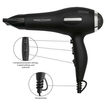 Secador de pelo - PROFICARE HT 3073, Secador de Pelo Profesional Iónico,  Diseño Tubo Plegable, 3 Niveles Temperatura, Boquilla 3, 1600 W, 2 niveles  temperatura, Rosa