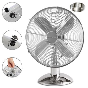 Ventilador De Mesa, Silencioso, Retro, Diámetro Exterior 25cm , 3 Velocidades, Oscilante,  Diseño Vintage, Cuerpo Cromado Metálico Plata 30w Proficare Vl 3062 M