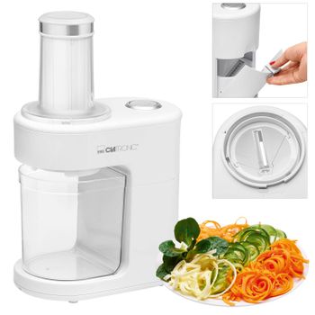 Cortadora Verduras Eléctrico, Corta Verduras, Frutas En Espiral, 3 Accesorios Corte Acero Inox. Blanco 80 W Clatronic Me 3673