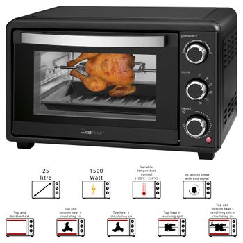 Horno Convección Sobremesa, 25l,  Asador Giratorio Pollos, Grill,  6 Programas, Temporizador 60 M Negro 1500w Clatronic Mbg 3727