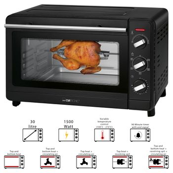 Horno Convección Sobremesa, 30l,  Asador Giratorio Pollos, Grill,  6 Programas, Piedra Para Pizza Negro 1500w Clatronic Mbg 3728