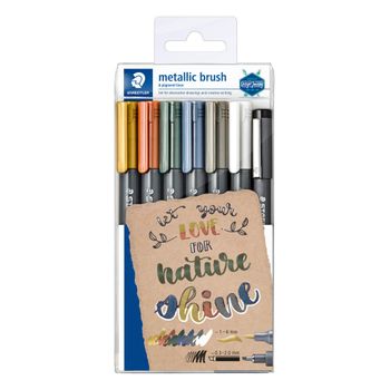 Staedtler 8321 Tb7 - Estuche Con 5 Rotuladores Metálicos Punta Pincel, Incluye 1 Rotulador Pincel Blanco Y 1 Rotulador Pigment Liner Negro. Colores Su