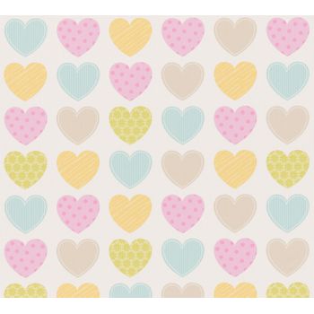 Papel Pintado A.s. Création Corazones Rosa, Azul Y Amarillo - As-936251 - 53 Cm X 10,