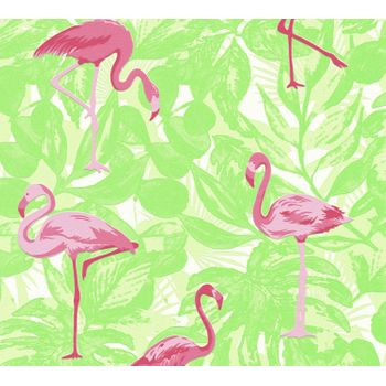 Papel Pintado A.s. Création Hojas Tropicales Con Flamencos Verde Y Rosa - As-359811 -