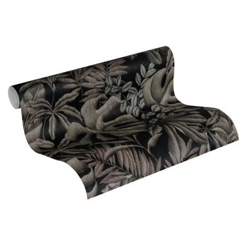 Papel Pintado A.s. Création Hojas Tropicales Gris Y Negro - As-370441 - 53 Cm X 10,05