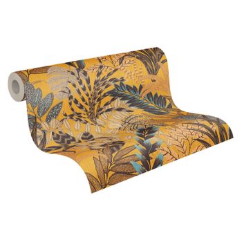 Papel Pintado Livingwalls Hojas Tropicales Amarillo Ocre, Azul Y Beige - As-378602 -