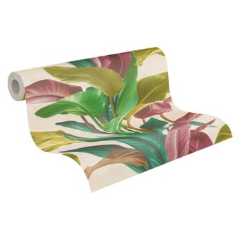 Papel Pintado Livingwalls Hojas Tropicales Verde, Rosa Viejo Y Azul Petroleo - As-378